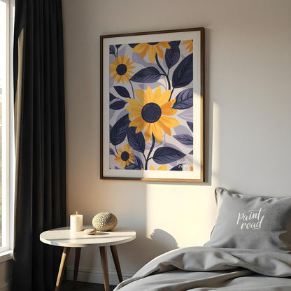 This vibrant digital pattern features stylized sunflowers with bright yellow petals and dark navy c… for bedroom