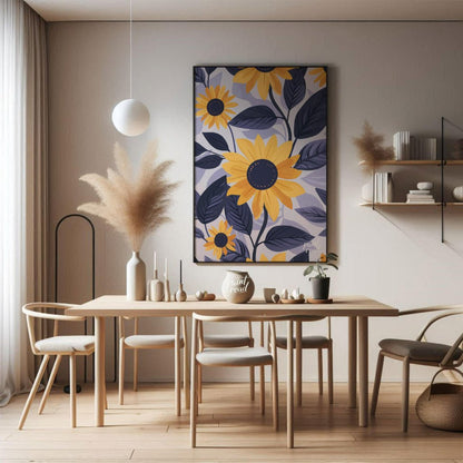 This vibrant digital pattern features stylized sunflowers with bright yellow petals and dark navy c… for dining room