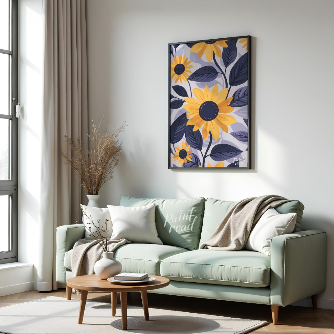 This vibrant digital pattern features stylized sunflowers with bright yellow petals and dark navy c… for living room