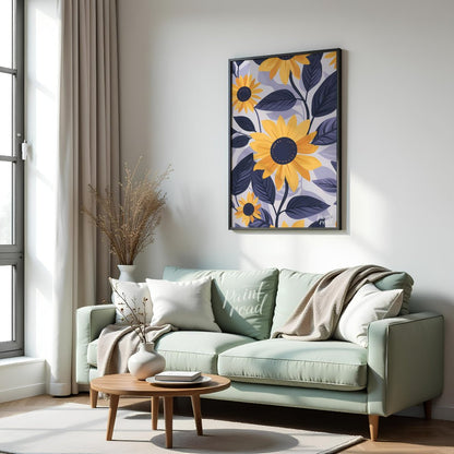 This vibrant digital pattern features stylized sunflowers with bright yellow petals and dark navy c… for living room