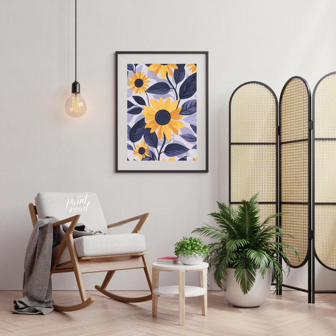 This vibrant digital pattern features stylized sunflowers with bright yellow petals and dark navy c… for living room