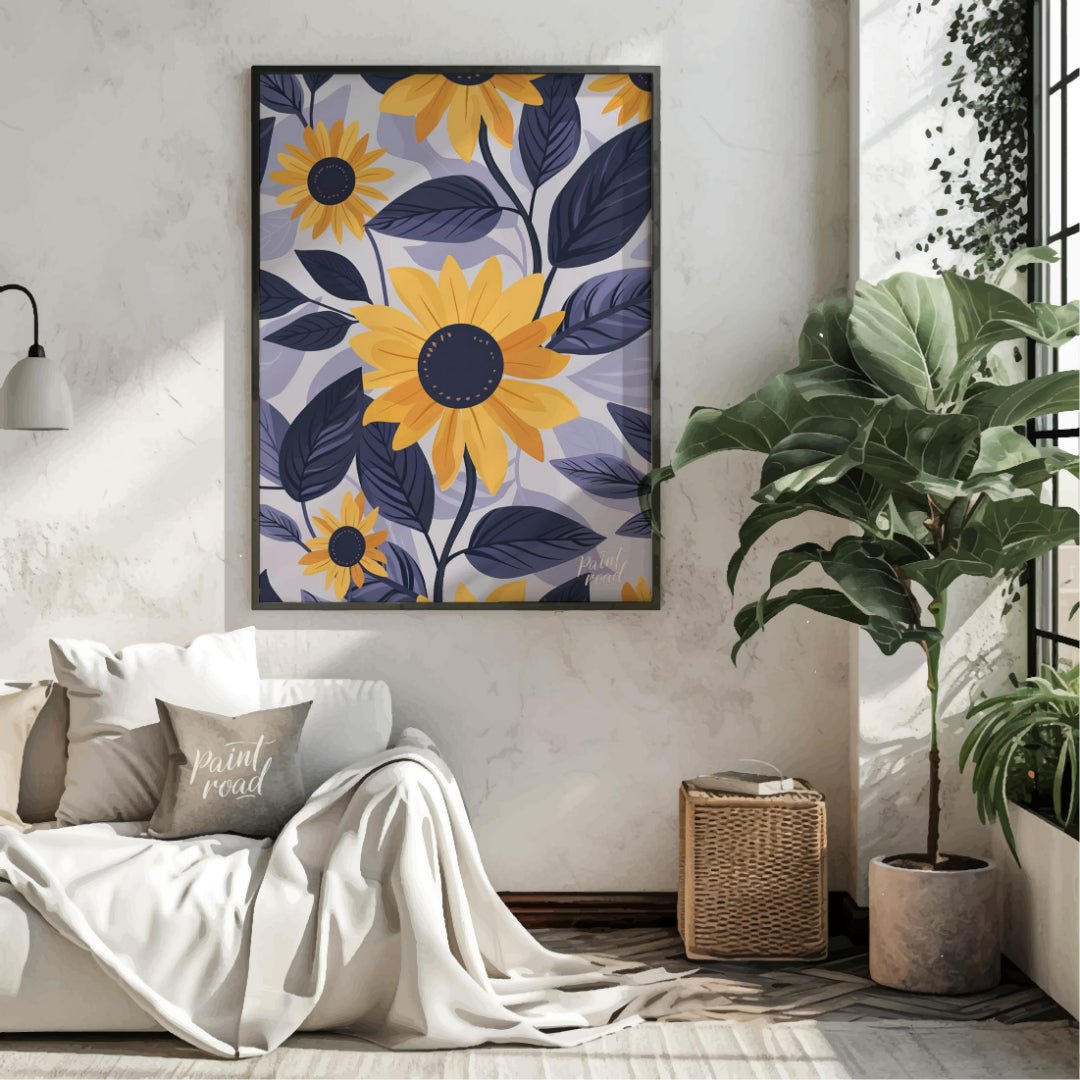 This vibrant digital pattern features stylized sunflowers with bright yellow petals and dark navy c… for living room