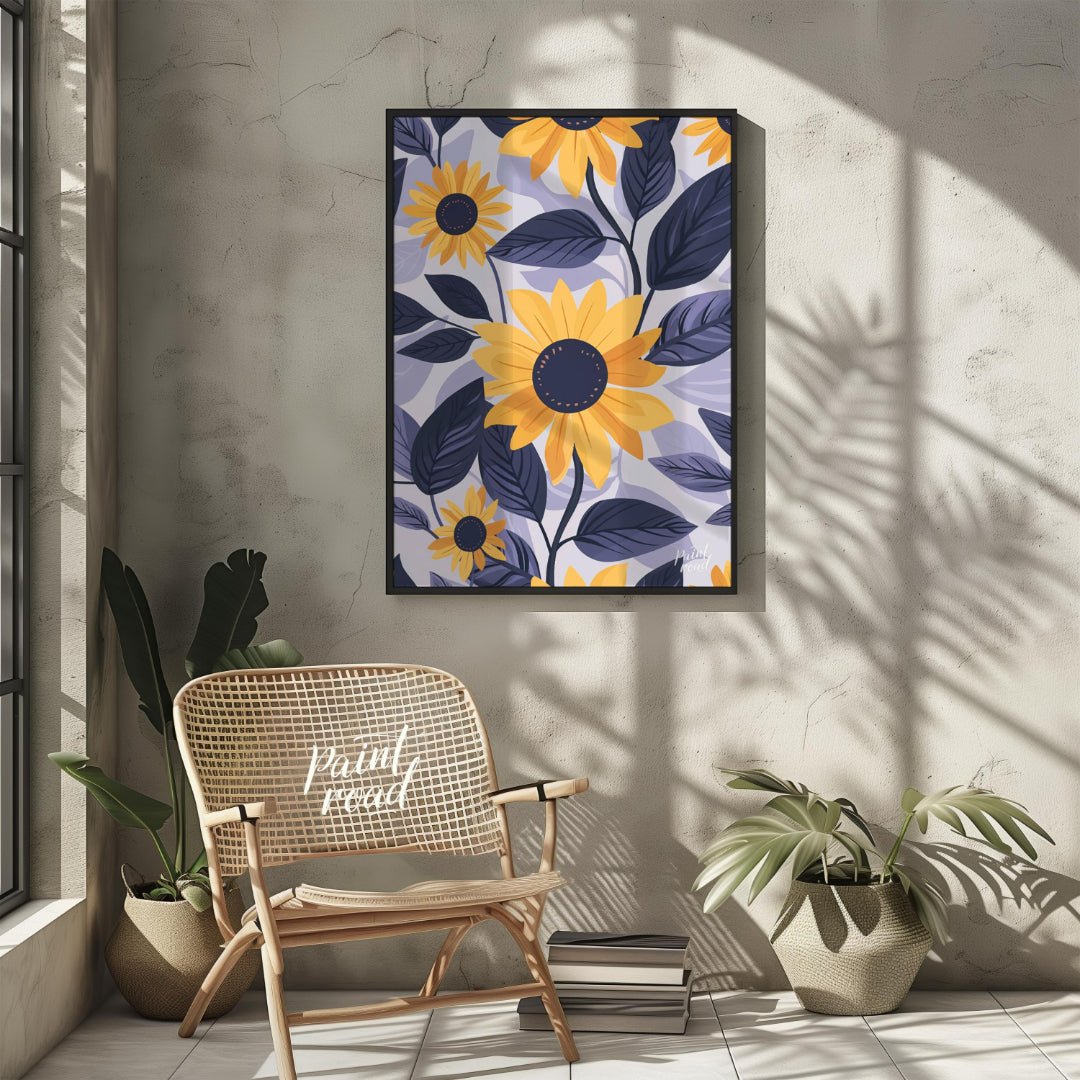 This vibrant digital pattern features stylized sunflowers with bright yellow petals and dark navy c… for other