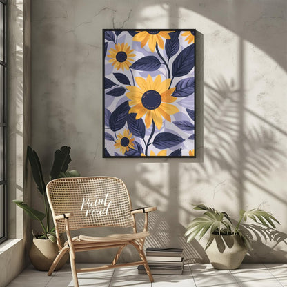This vibrant digital pattern features stylized sunflowers with bright yellow petals and dark navy c… for other