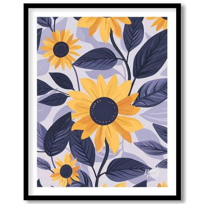 This vibrant digital pattern features stylized sunflowers with bright yellow petals and dark navy c… for space