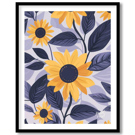 This vibrant digital pattern features stylized sunflowers with bright yellow petals and dark navy c… for space