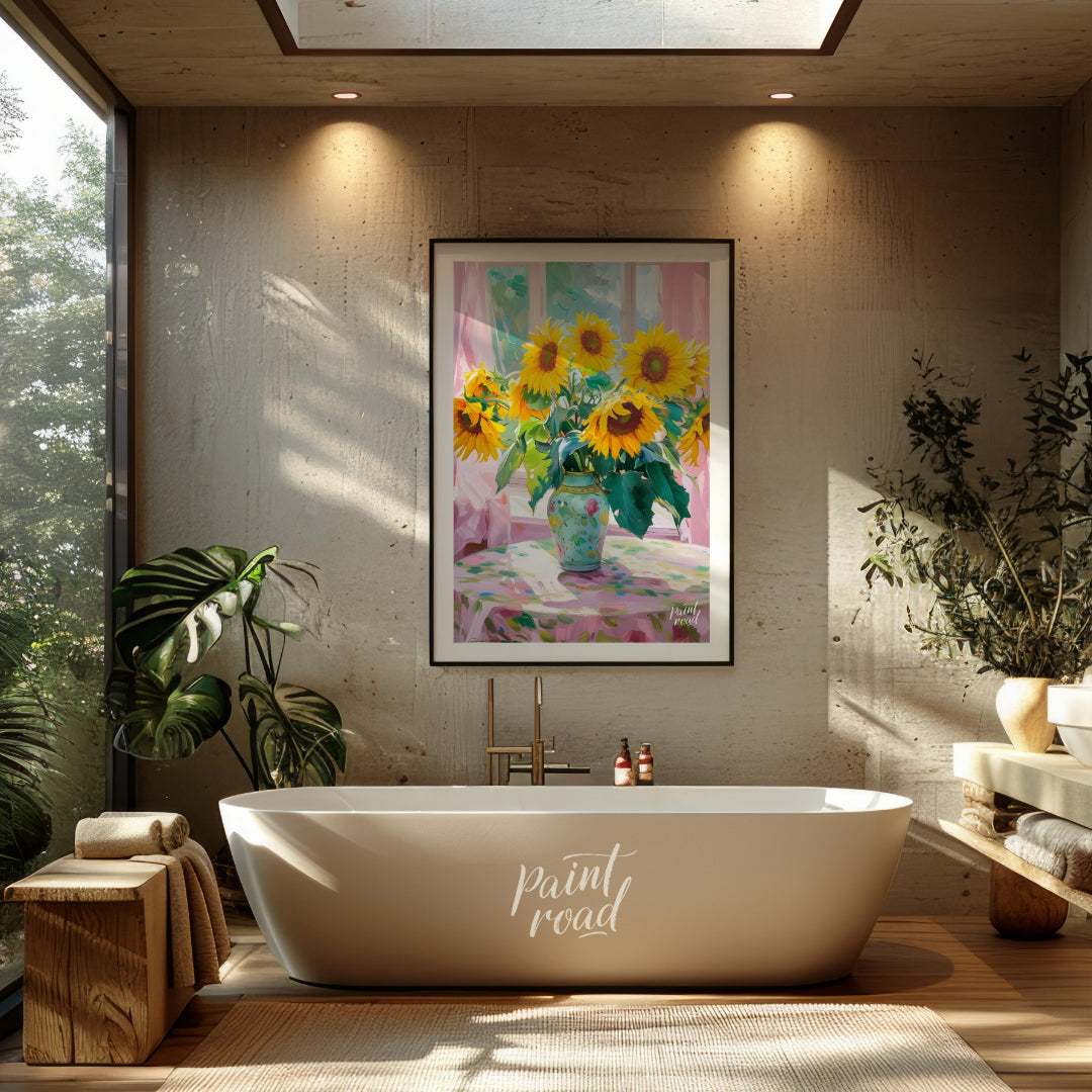 This painting captures a vibrant bouquet of sunflowers in a decorative vase, set against a backdrop… for bathroom