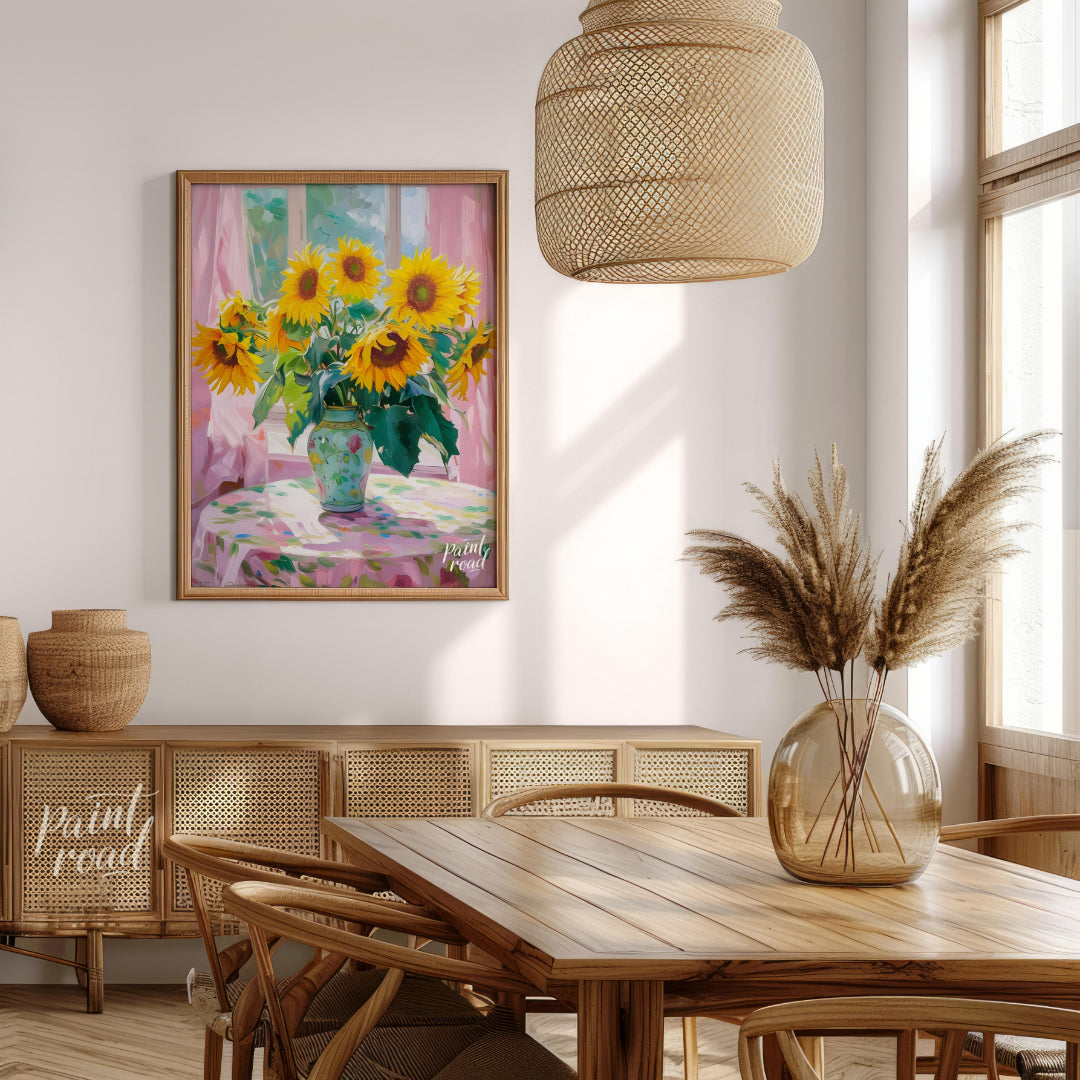 This painting captures a vibrant bouquet of sunflowers in a decorative vase, set against a backdrop… for dining room