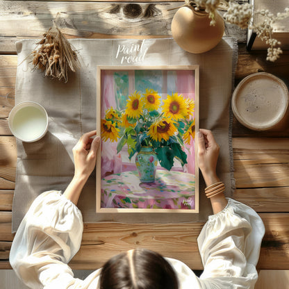 This painting captures a vibrant bouquet of sunflowers in a decorative vase, set against a backdrop… for dining room
