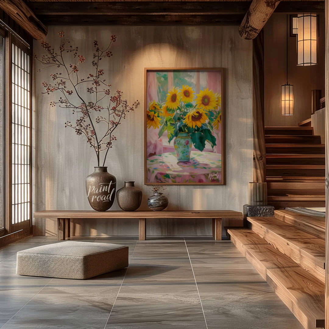 This painting captures a vibrant bouquet of sunflowers in a decorative vase, set against a backdrop… for entryway