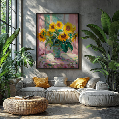 This painting captures a vibrant bouquet of sunflowers in a decorative vase, set against a backdrop… for living room