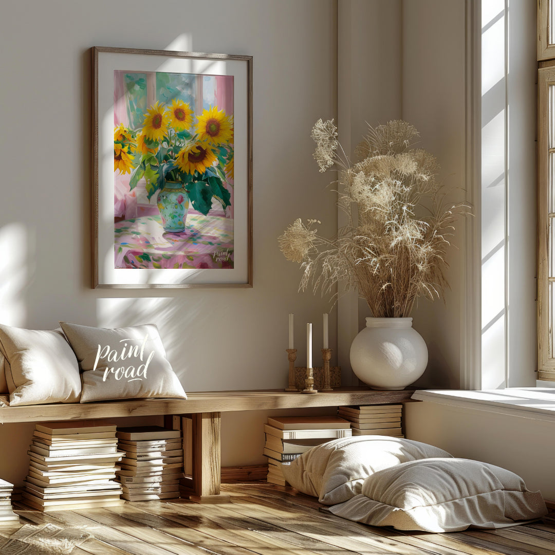 This painting captures a vibrant bouquet of sunflowers in a decorative vase, set against a backdrop… for living room