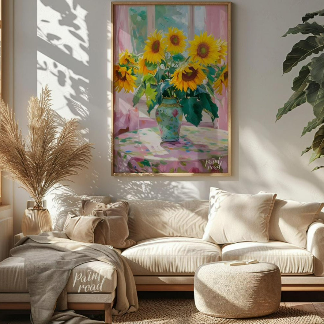 This painting captures a vibrant bouquet of sunflowers in a decorative vase, set against a backdrop… for living room