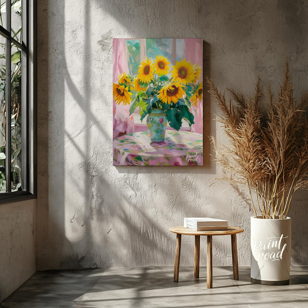 This painting captures a vibrant bouquet of sunflowers in a decorative vase, set against a backdrop… for living room