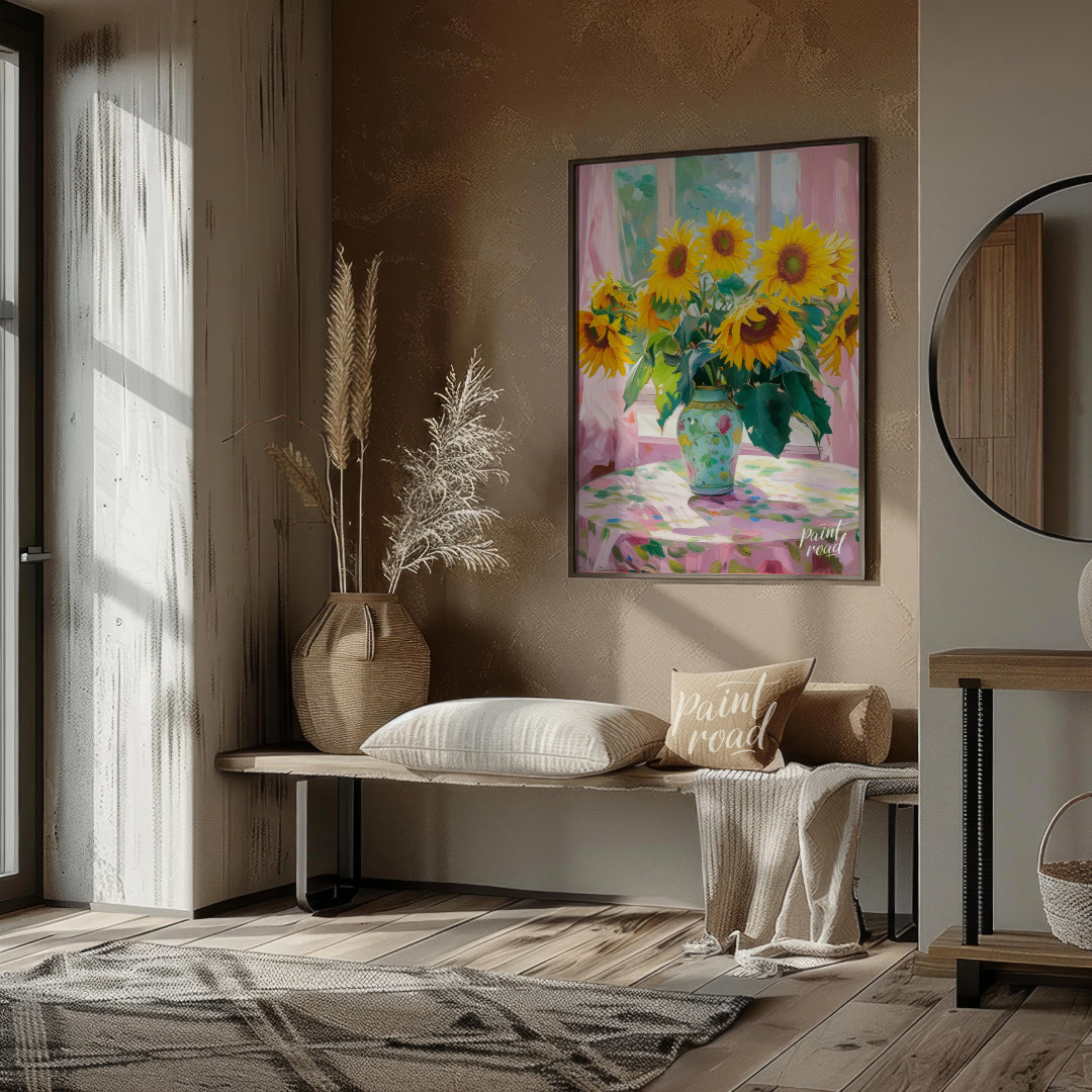 This painting captures a vibrant bouquet of sunflowers in a decorative vase, set against a backdrop… for living room