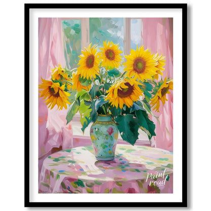 This painting captures a vibrant bouquet of sunflowers in a decorative vase, set against a backdrop… for sweet home