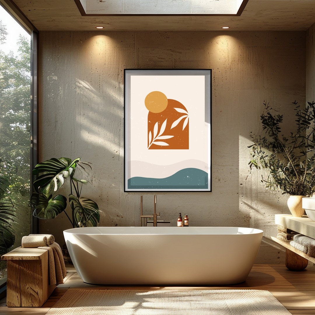 Elevate your space with this minimalist abstract art piece featuring earth tones and organic for Bathroom