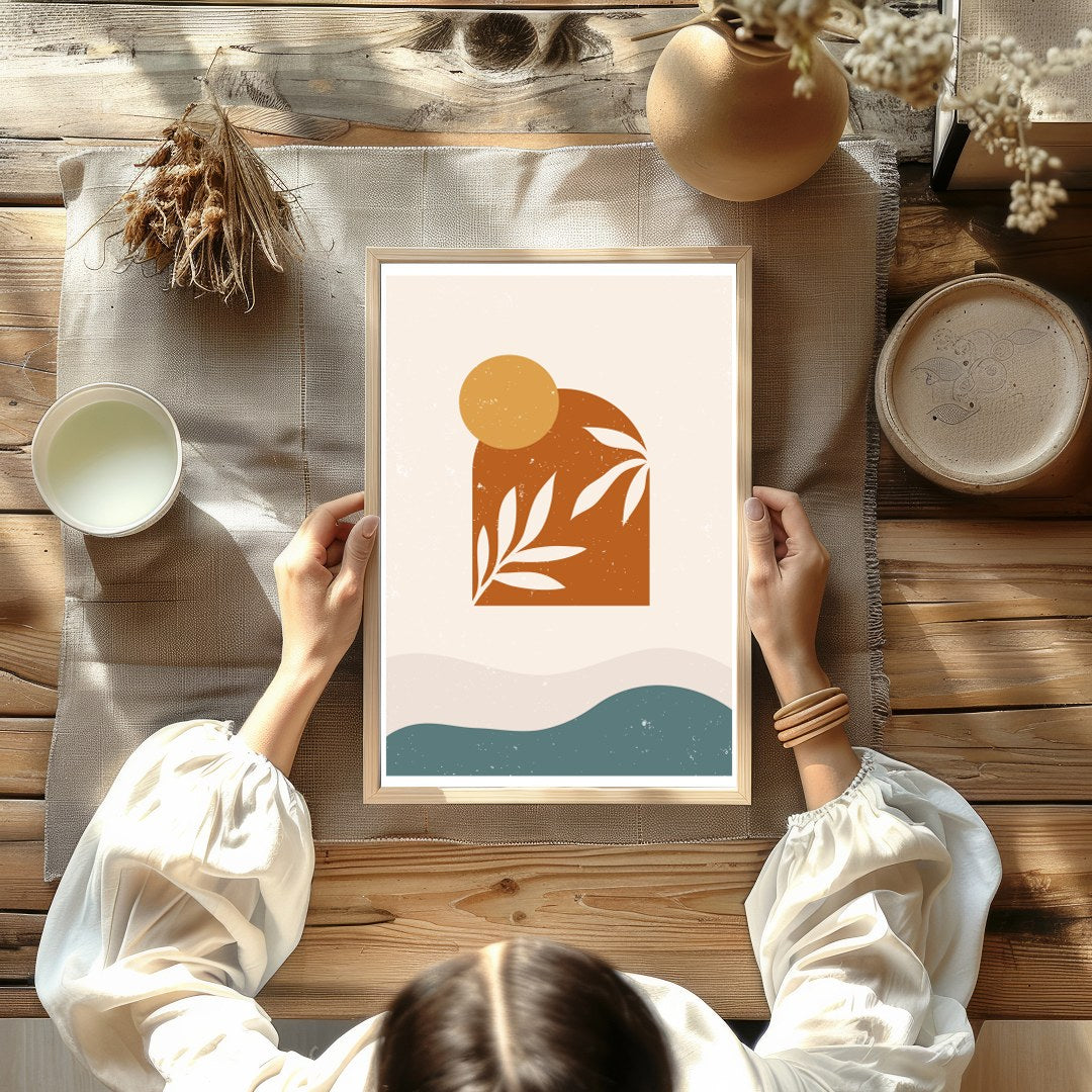 Elevate your space with this minimalist abstract art piece featuring earth tones and organic for Kitchen