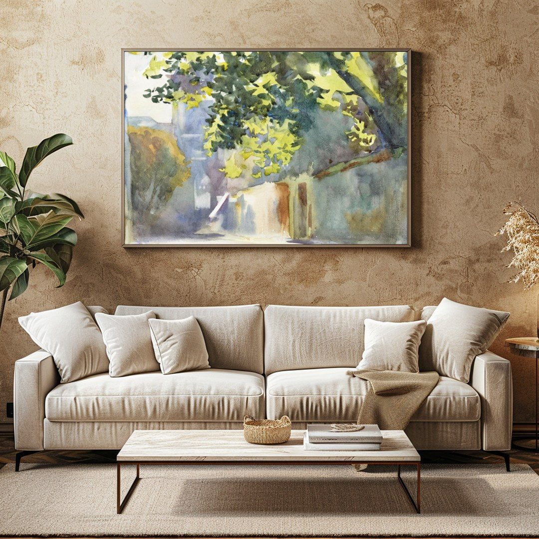 Immerse yourself in the serene beauty of this watercolor painting, capturing a sun-dappled alleyway for Family Room