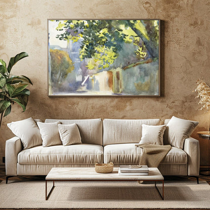 Immerse yourself in the serene beauty of this watercolor painting, capturing a sun-dappled alleyway for Family Room