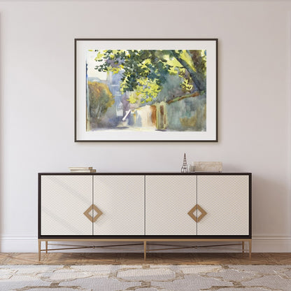 Immerse yourself in the serene beauty of this watercolor painting, capturing a sun-dappled alleyway for Foyer