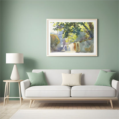 Immerse yourself in the serene beauty of this watercolor painting, capturing a sun-dappled alleyway for Hall