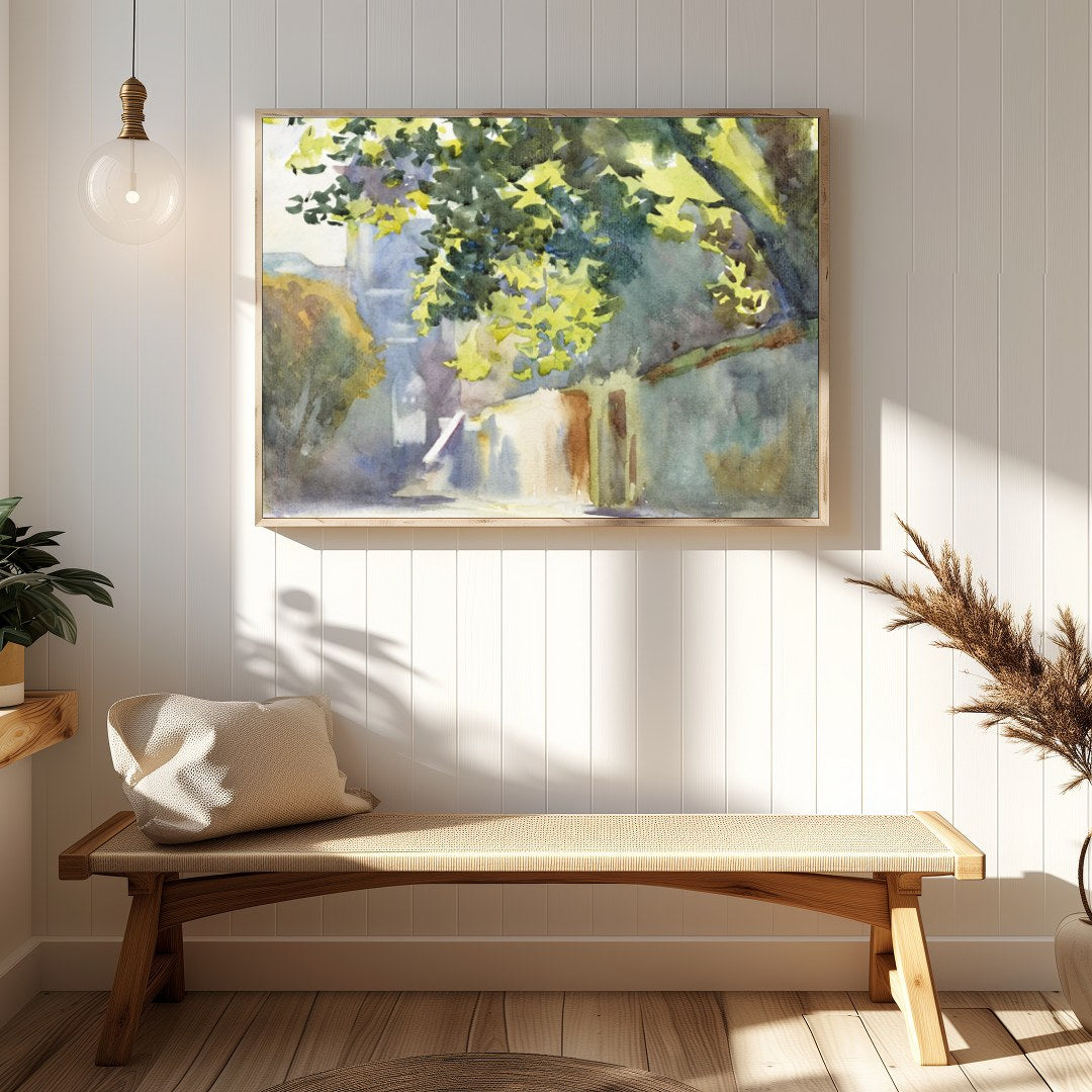 Immerse yourself in the serene beauty of this watercolor painting, capturing a sun-dappled alleyway for Hallway