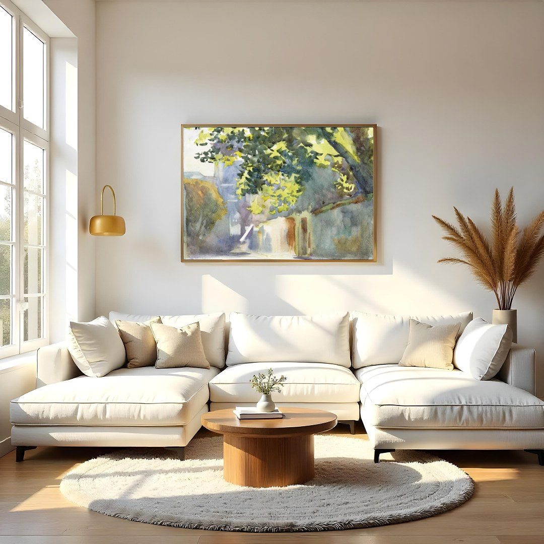 Immerse yourself in the serene beauty of this watercolor painting, capturing a sun-dappled alleyway for Living Room
