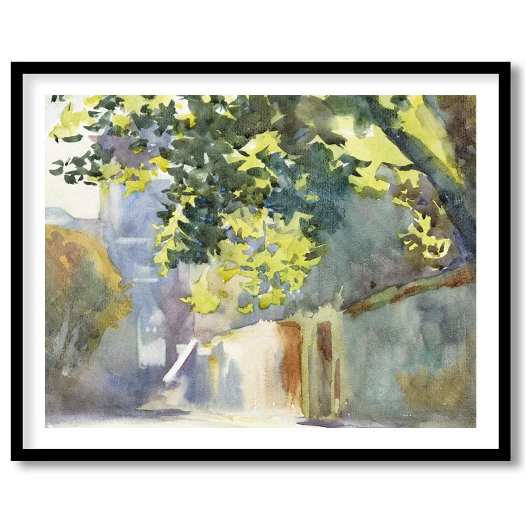 Immerse yourself in the serene beauty of this watercolor painting, capturing a sun-dappled alleyway for office
