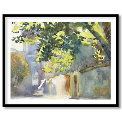 Immerse yourself in the serene beauty of this watercolor painting, capturing a sun-dappled alleyway for office