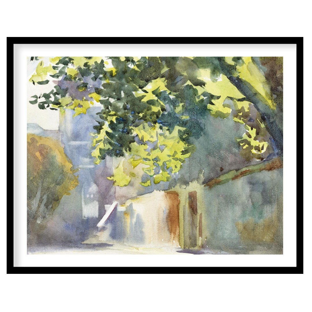 Immerse yourself in the serene beauty of this watercolor painting, capturing a sun-dappled alleyway for office