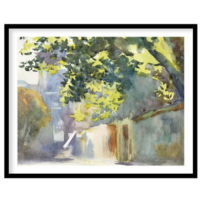 Immerse yourself in the serene beauty of this watercolor painting, capturing a sun-dappled alleyway for office
