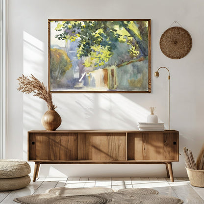 Immerse yourself in the serene beauty of this watercolor painting, capturing a sun-dappled alleyway for Sitting Area