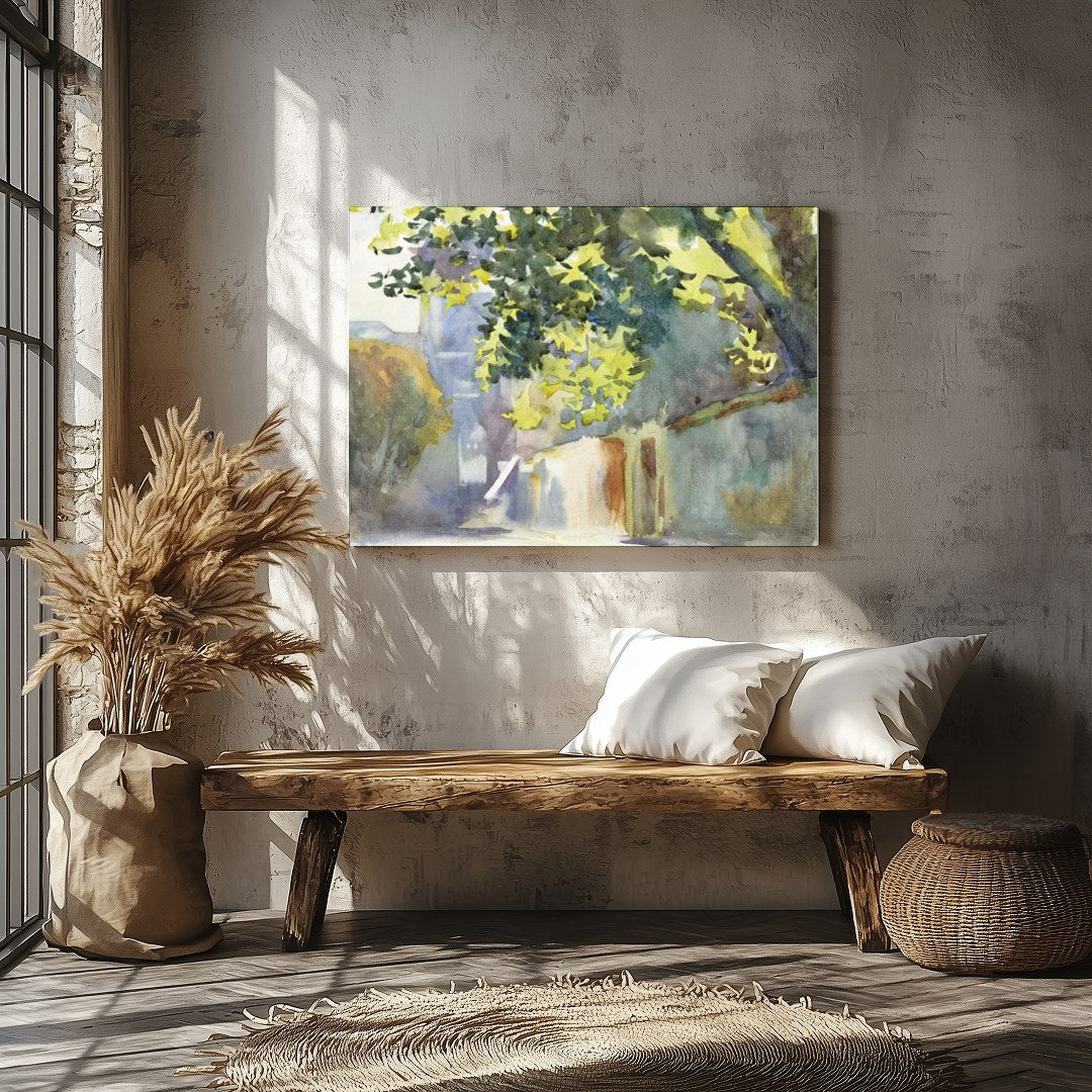 Immerse yourself in the serene beauty of this watercolor painting, capturing a sun-dappled alleyway for Veranda
