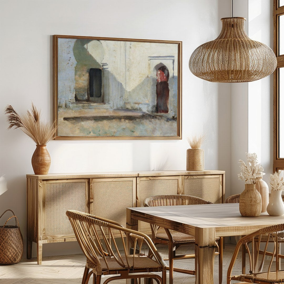 This artwork invites you into a tranquil courtyard where sunlight dances across timeworn arches. for Dining