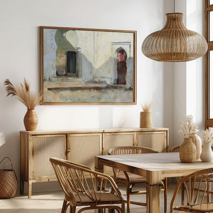 This artwork invites you into a tranquil courtyard where sunlight dances across timeworn arches. for Dining