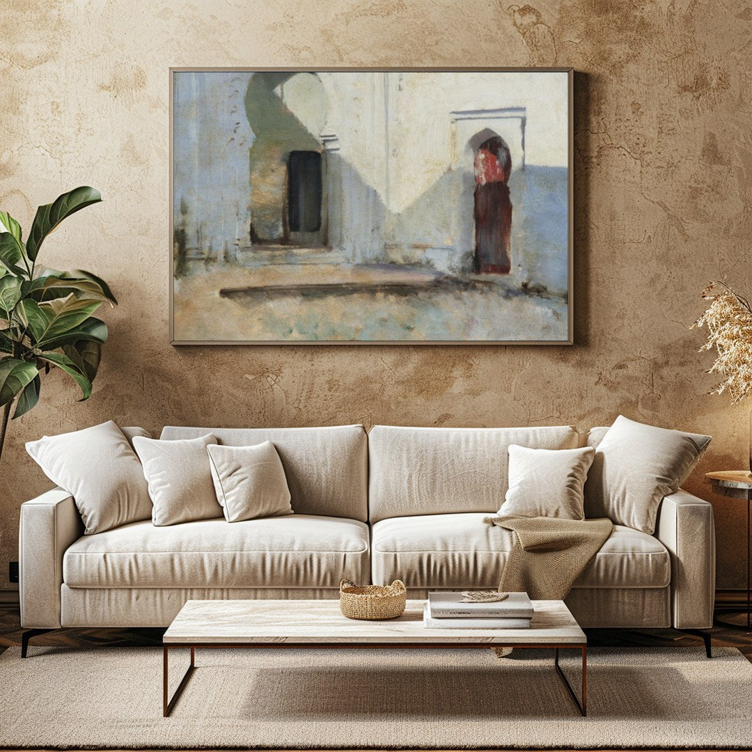 This artwork invites you into a tranquil courtyard where sunlight dances across timeworn arches. for Family Room