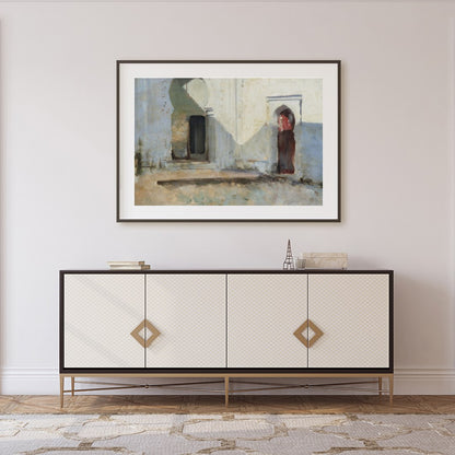 This artwork invites you into a tranquil courtyard where sunlight dances across timeworn arches. for Foyer