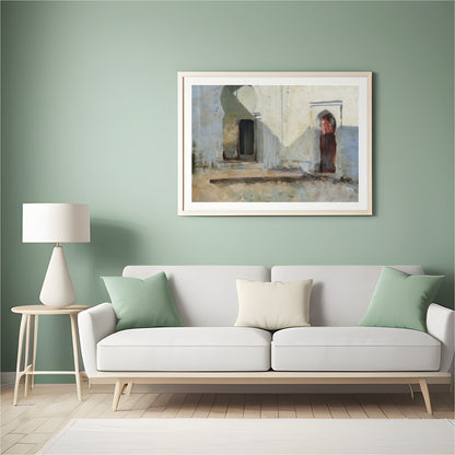This artwork invites you into a tranquil courtyard where sunlight dances across timeworn arches. for Hall
