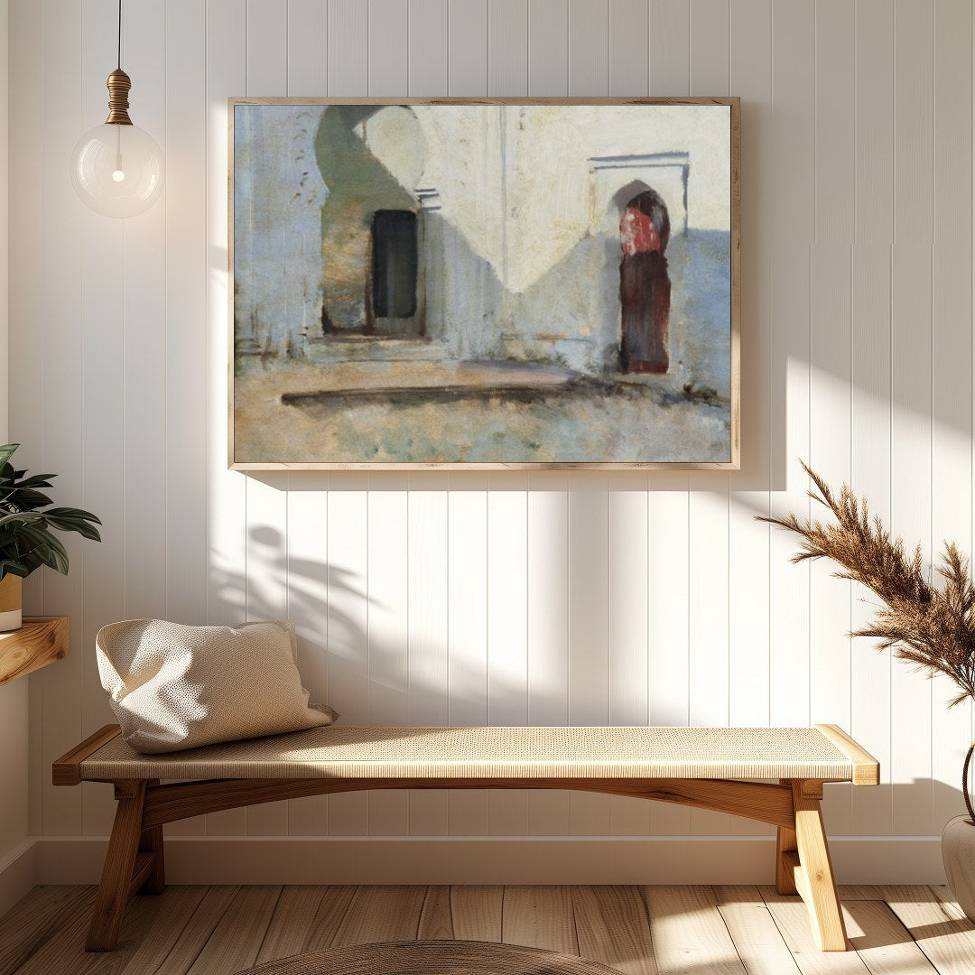 This artwork invites you into a tranquil courtyard where sunlight dances across timeworn arches. for Hallway