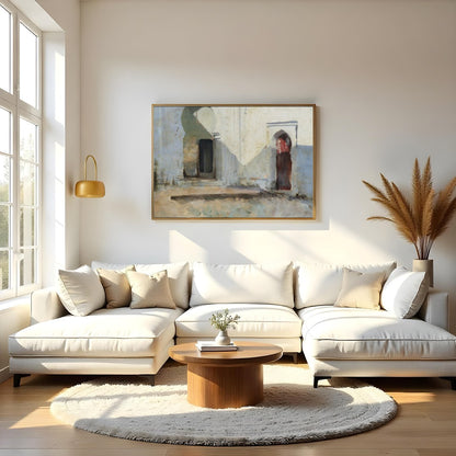 This artwork invites you into a tranquil courtyard where sunlight dances across timeworn arches. for Living Room