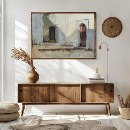 This artwork invites you into a tranquil courtyard where sunlight dances across timeworn arches. for Sitting Area