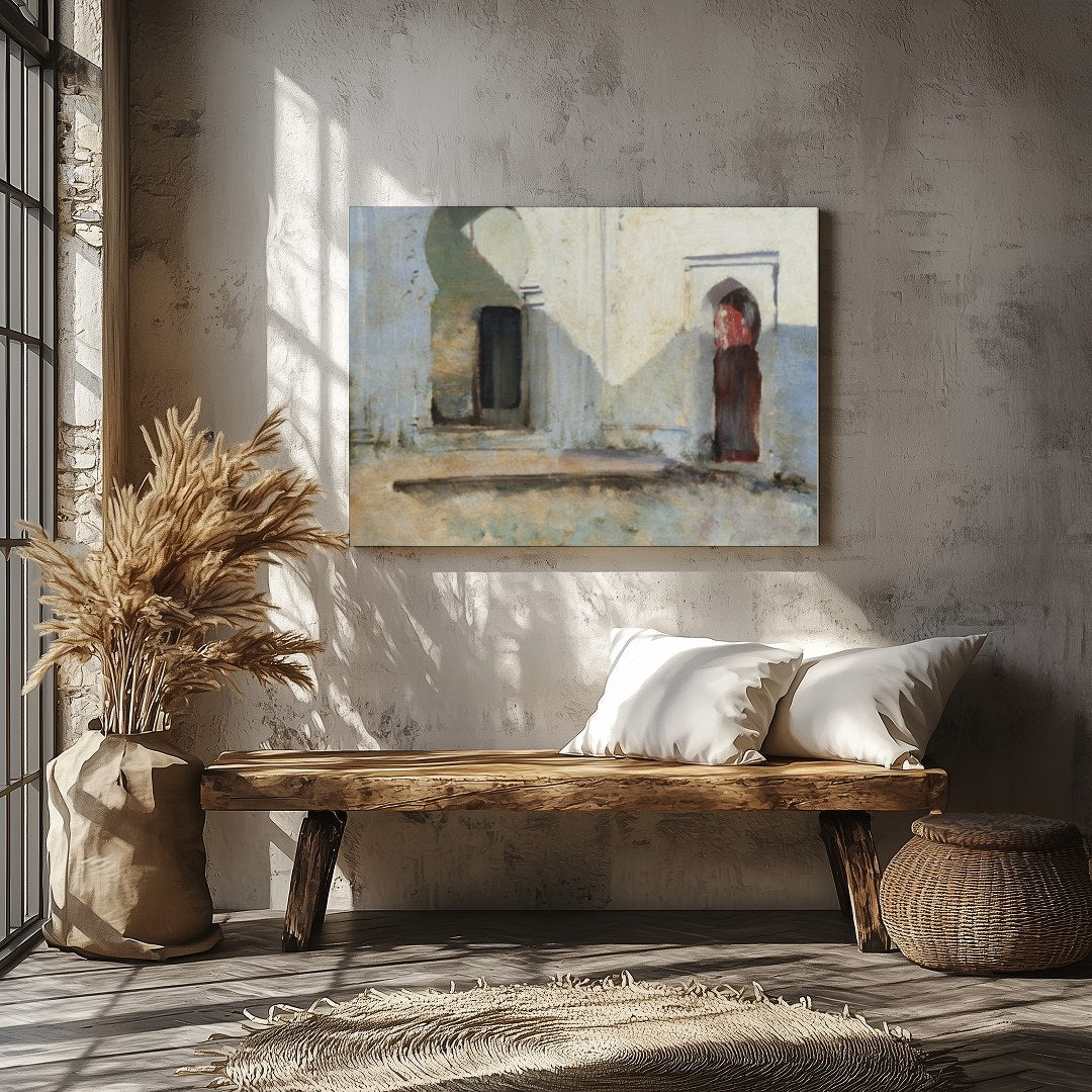 This artwork invites you into a tranquil courtyard where sunlight dances across timeworn arches. for Veranda