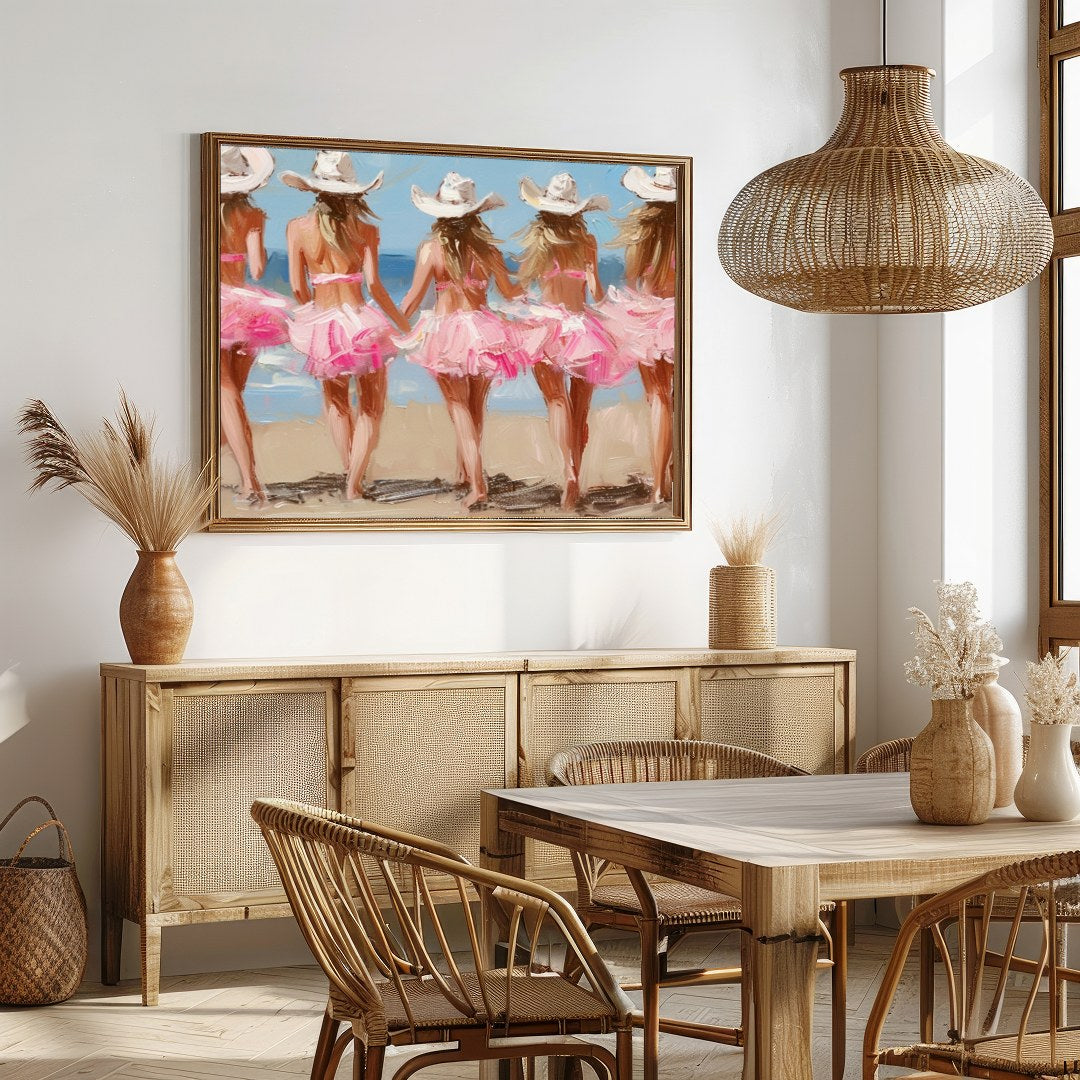 This enchanting artwork captures the whimsical charm of five ballerinas strolling along a sunlit for Dining