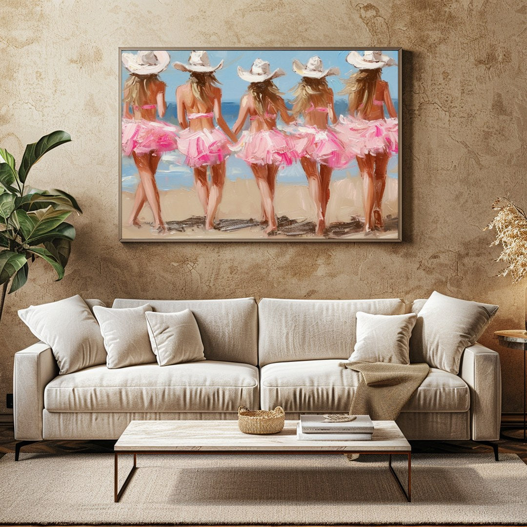 This enchanting artwork captures the whimsical charm of five ballerinas strolling along a sunlit for Family Room