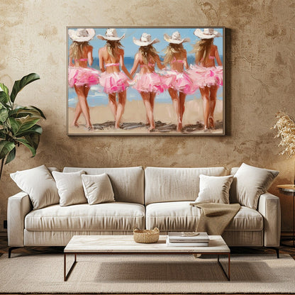 This enchanting artwork captures the whimsical charm of five ballerinas strolling along a sunlit for Family Room
