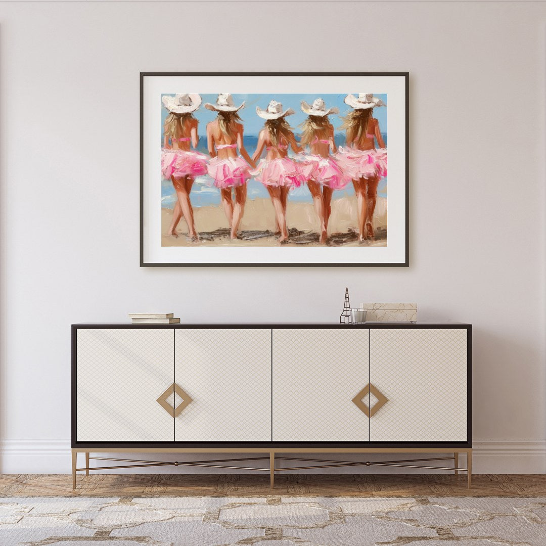 This enchanting artwork captures the whimsical charm of five ballerinas strolling along a sunlit for Foyer