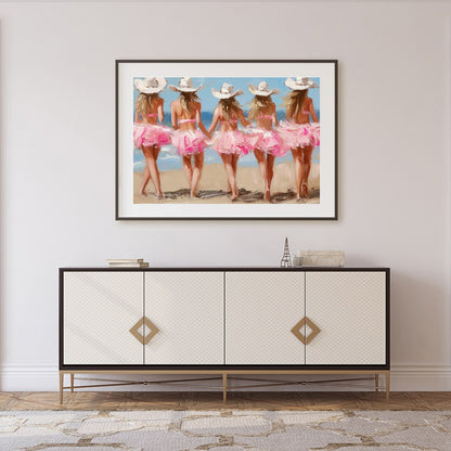 This enchanting artwork captures the whimsical charm of five ballerinas strolling along a sunlit for Foyer
