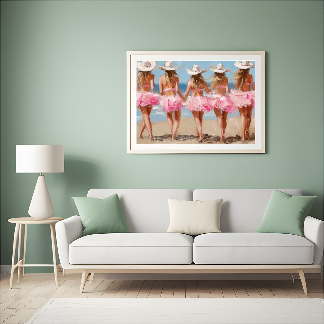 This enchanting artwork captures the whimsical charm of five ballerinas strolling along a sunlit for Hall
