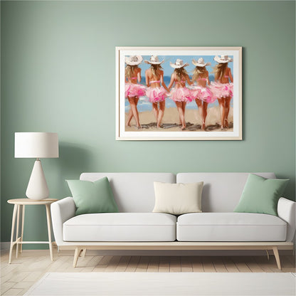 This enchanting artwork captures the whimsical charm of five ballerinas strolling along a sunlit for Hall